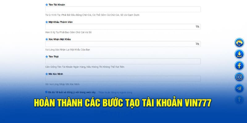 Hoàn thành các bước tạo tài khoản vin777